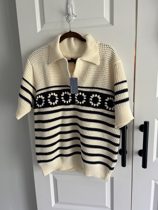 Skies Are Blue Sweaters - Skies are Blue Collared Knit Polo Sweater in Ivory and navy women’s 1X